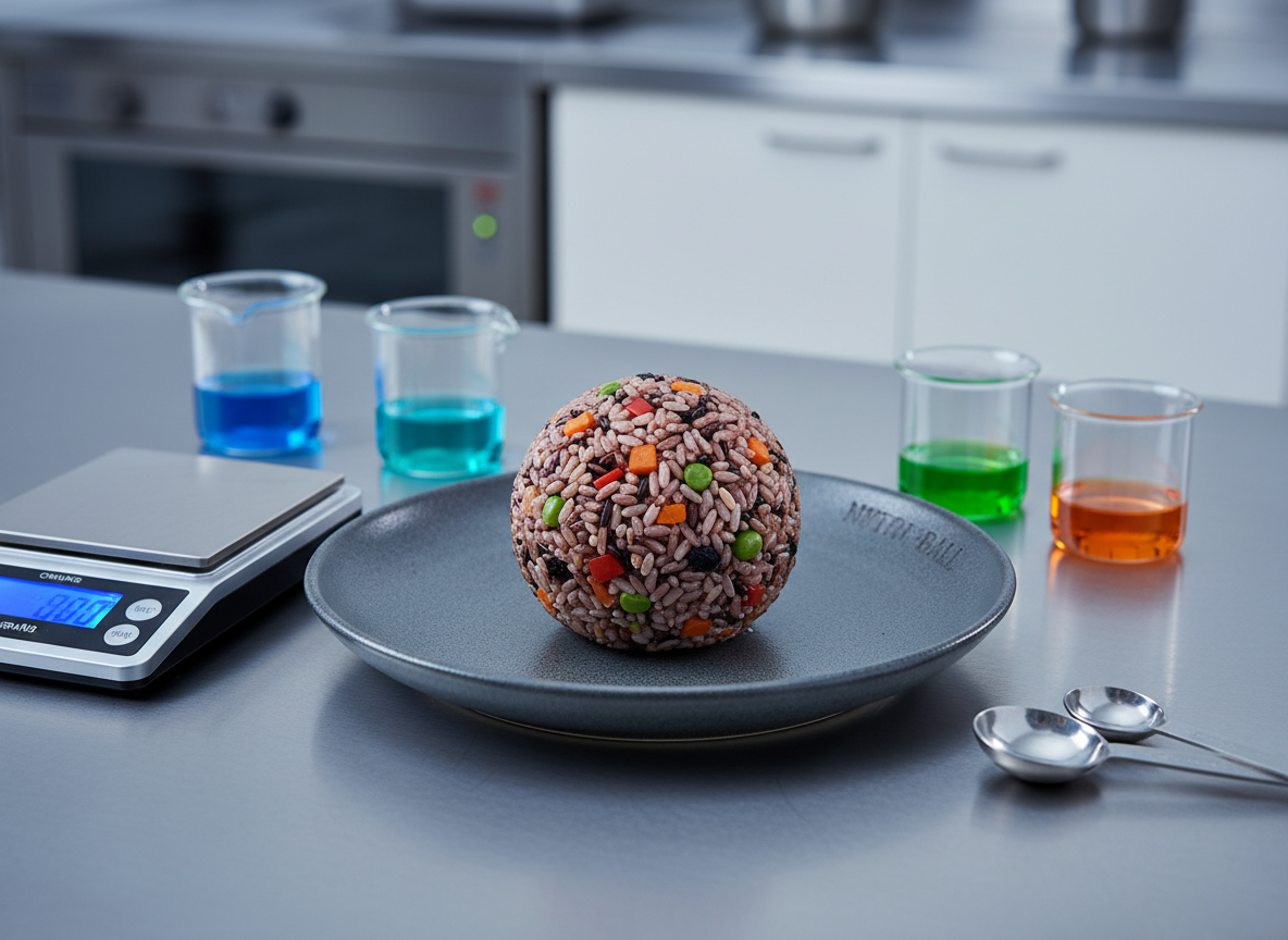 A close-up, eye-level photographic image of a single innovative dish: a reinterpretation of a traditional Taiwanese rice ball made with multigrain rice, finely diced vegetables, and seaweed, presented on a matte stoneware plate. Around it, subtle props suggest scientific inquiry: a digital scale, glass beakers with colorful liquids, and neatly arranged measuring spoons. Cool, even lab-style lighting creates crisp highlights on the glass and soft shadows under the plate. The background is gently blurred stainless steel and pale cabinets, hinting at a professional test kitchen. The mood is precise yet inviting, conveying the intersection of culinary creativity, health research, and food design.