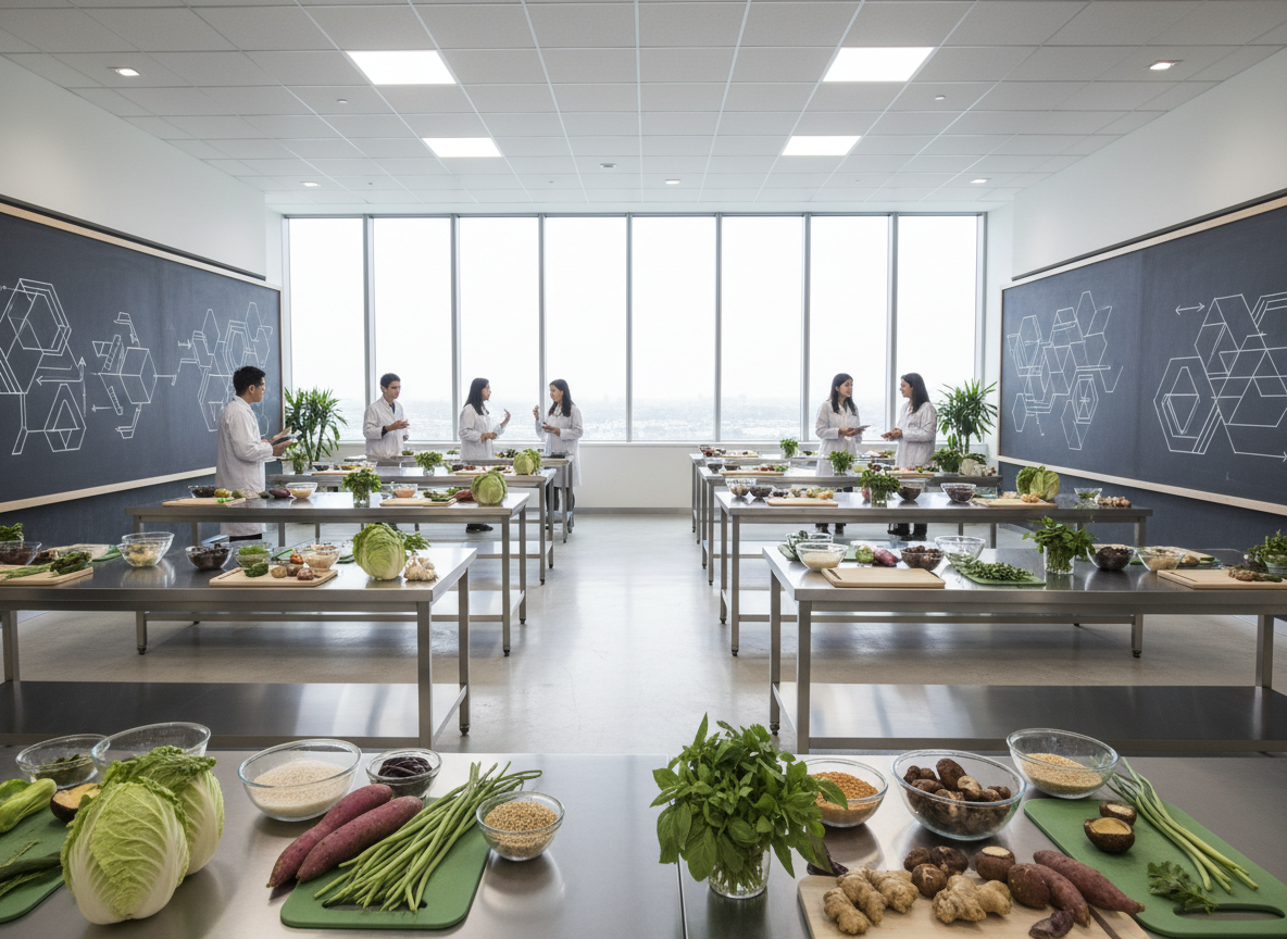 A wide photographic shot of a bright, modern food design lab classroom with rows of stainless workstations, each holding neat arrangements of fresh vegetables, grains, and herbs commonly used in Taiwanese home cooking. Large windows reveal a soft, overcast sky, filling the room with even, neutral light that minimizes glare. Chalkboard-style panels on the walls show subtle geometric patterns instead of text, implying teaching and brainstorming. The composition uses leading lines from the workstations toward the back of the room, creating depth and perspective. The atmosphere is academic, collaborative, and forward-looking, ideal for an educational center focused on food research and design.