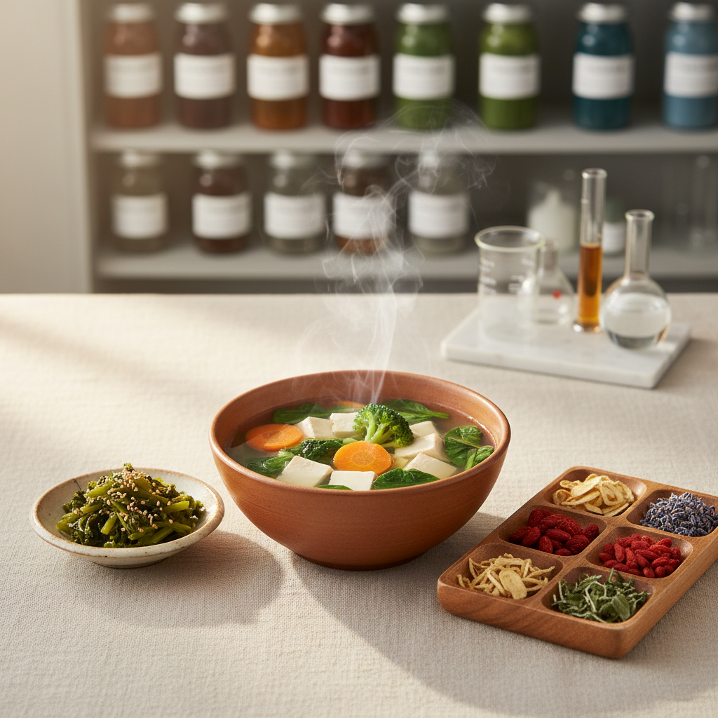 A serene photographic scene of a “healing through food” setup on a pale linen cloth: a steaming bowl of delicate herbal broth with tofu and seasonal vegetables, a small ceramic dish of pickled greens, and a wooden tray holding dried medicinal herbs carefully arranged in small sections. The setting hints at a research center, with a blurred background of shelves holding neatly labeled, color-coded containers (no readable text) and simple lab equipment. Soft, diffused morning light from the side creates a gentle glow and minimal shadows. The composition is intimate with a shallow depth of field, emphasizing comfort, wellness, and therapeutic aspects of food design.