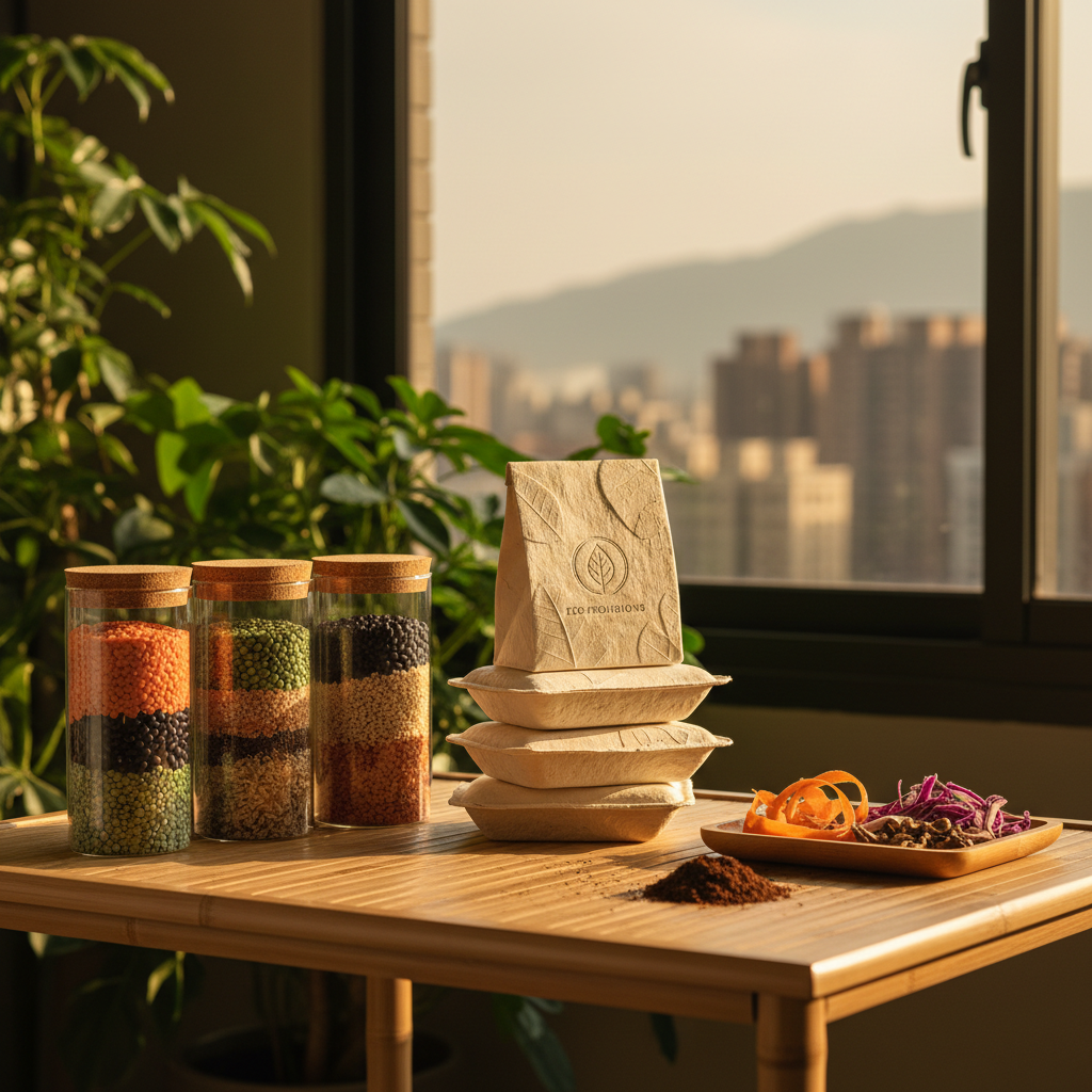 A photographic still life of a sustainability-focused food design project displayed on a bamboo table: reusable glass containers filled with colorful legumes and grains, a neatly stacked set of biodegradable food packaging prototypes, and a small tray of artistically arranged vegetable scraps prepared for upcycling. A background of soft-focus green plants and a hint of an urban Taiwanese skyline through a window suggests connection to community and environment. Warm afternoon sunlight streams in, casting gentle shadows and creating a natural glow on the bamboo texture. Composed using the rule of thirds with a calm, balanced layout, the mood is hopeful and responsible, highlighting eco-conscious food design.