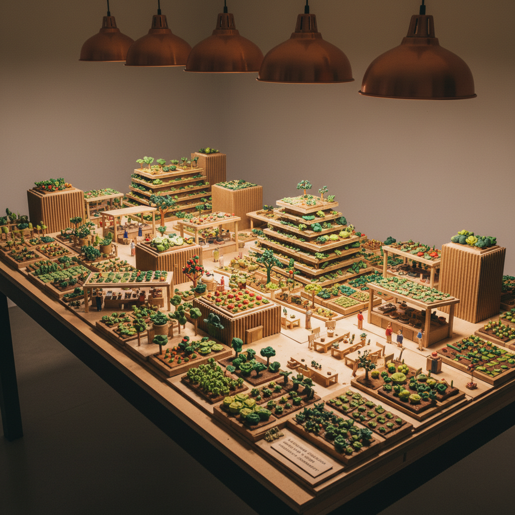 A photographic image of a conceptual “future Kaohsiung food landscape” model built on a large table: miniature representations of urban farms, rooftop gardens, and community kitchens made from textured materials like cardboard, wood, and clay. Tiny, highly detailed food models—rice paddies, vegetables, and fruit trees—dot the scene. Overhead pendant lights cast warm, even illumination, creating clear details and soft, layered shadows that add depth. Shot from a slightly elevated three-quarter angle, the composition feels like a city planning model crossed with a food tableau. The mood is visionary and optimistic, expressing how food design research connects health, culture, sustainability, and community in southern Taiwan.