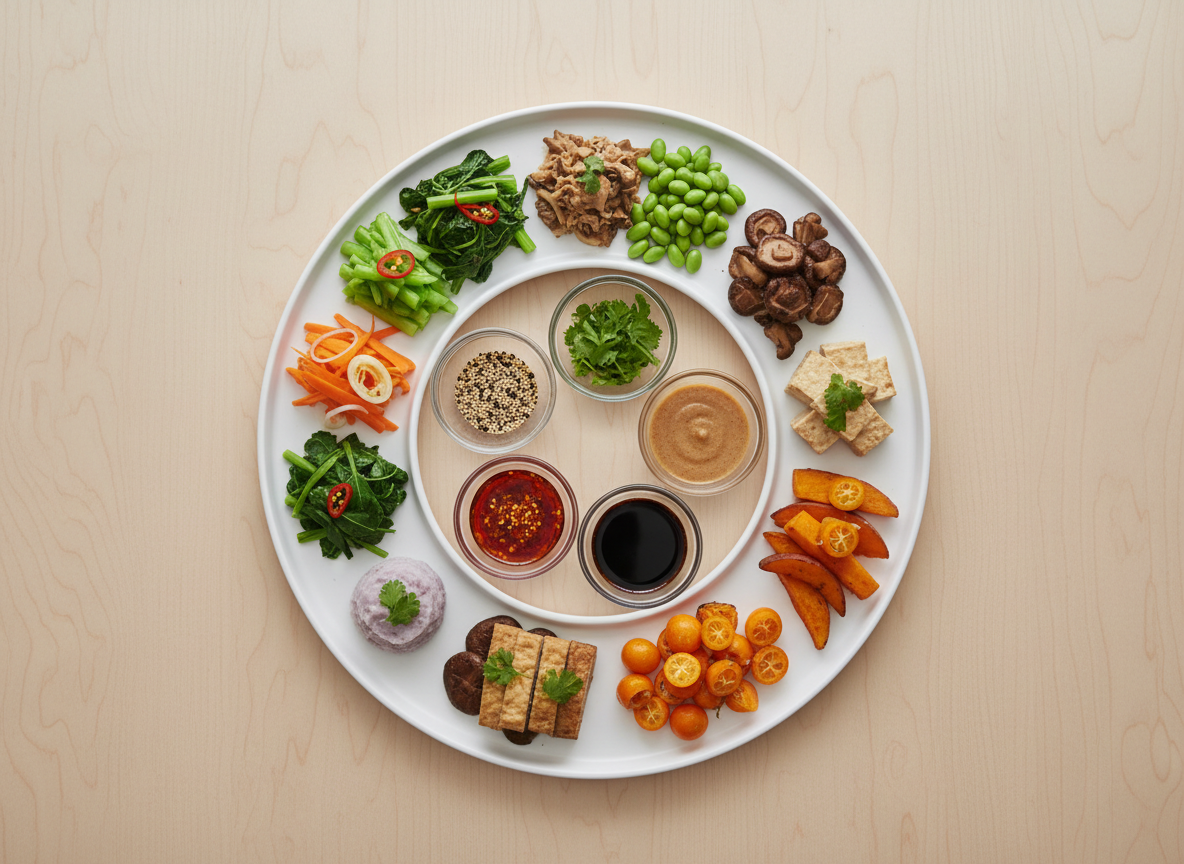 An overhead photographic view of a circular tasting layout on a light wooden table, featuring a gradient of plant-based dishes inspired by Taiwanese cuisine: vibrant greens, earthy browns, and bright orange sweet potatoes arranged on minimalist white plates. Small glass bowls hold herbs, grains, and colorful sauces, forming a visual map of health, culture, and sustainability. Soft diffused studio lighting eliminates harsh shadows, emphasizing natural colors and textures. The composition is symmetrical and clean, with plenty of negative space around the circle. The mood is thoughtful and organized, reflecting systematic food design research focused on nutrition, tradition, and future food concepts.